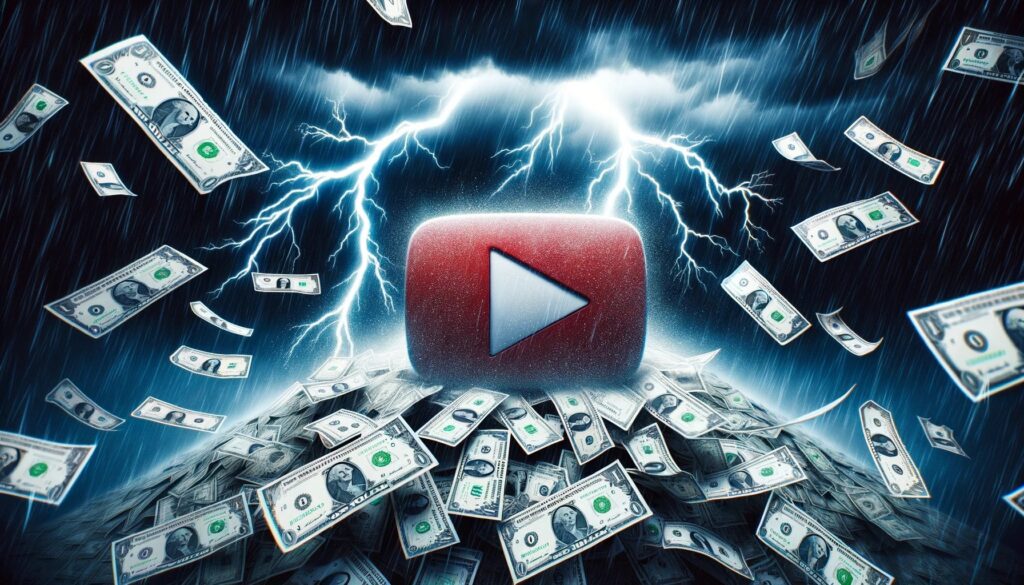 A YouTube play button amidst a stormy background with lightning and scattered dollar bills.