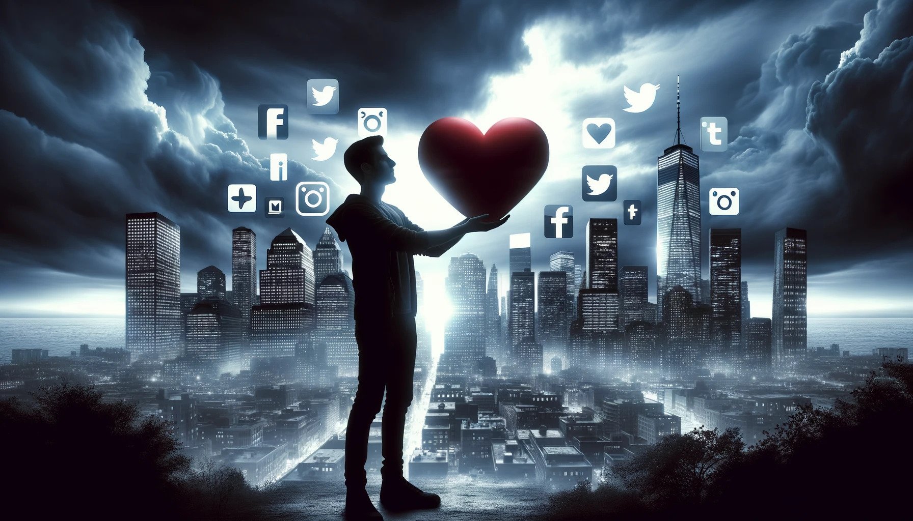 Photo of a silhouette of a male YouTuber holding a giant heart, symbolizing philanthropy, against a stormy skyline with skyscrapers bearing logos of various social media platforms.